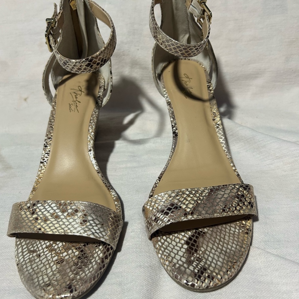 Thalia Sodi Cream and Brown Snakeskin Sandals
